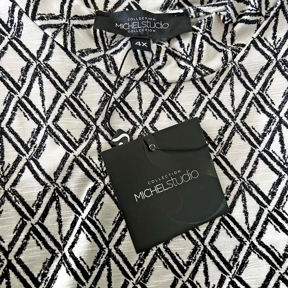 TOP, SLEEVELESS, SNOW (Black & White), SIZE 4X, LINEN TEXTURE, MICHEL STUDIO for